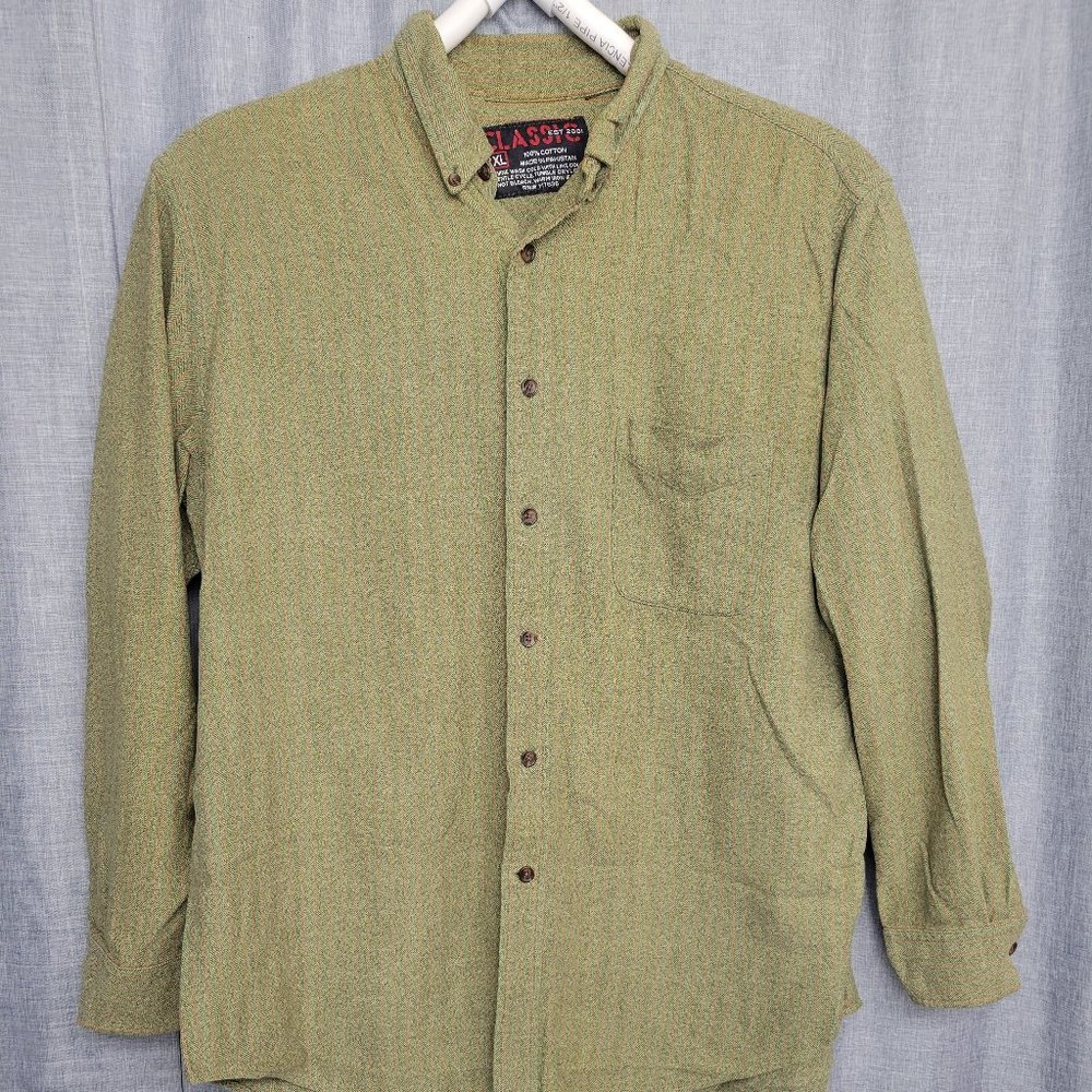 Classic Men's Casual Button Down Size XXL Olive Green Long Sleeve Cotton
